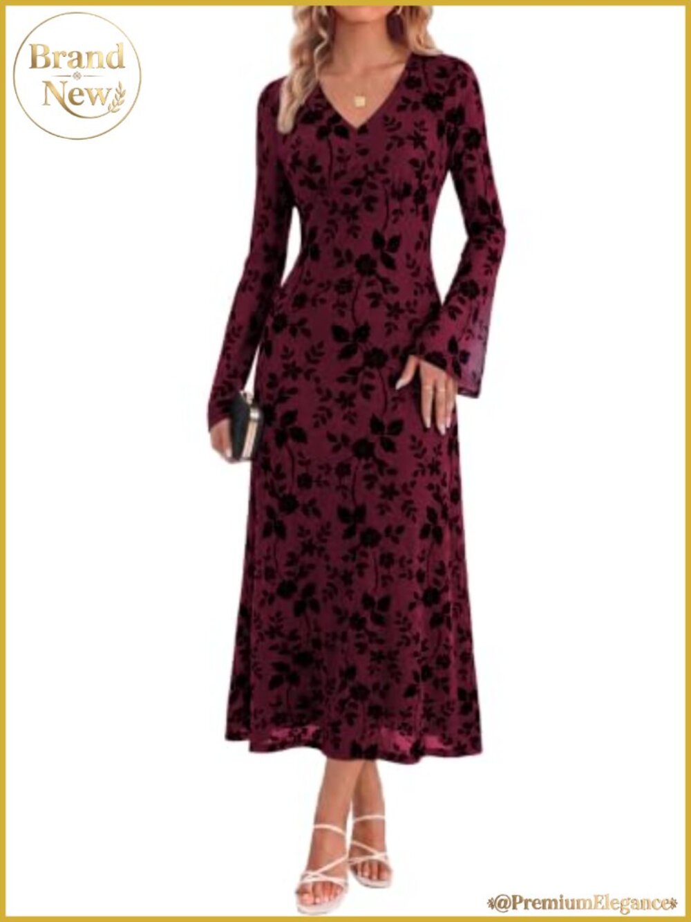 Floral Long Sleeve V-Neck Bodycon Maxi Dress Wedding Guest Formal